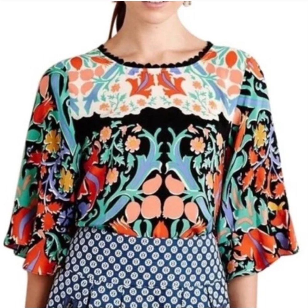 Anthropologie Maeve 100% Silk Folk-Art Kimono Colorful Blouse Top Women's Size 4
